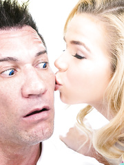 Miniature golden-haired Alina West sports cum on tongue after seducing her stepdad