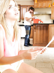 Lusty golden-haired looker Lia receives her unshaved love tunnel drilled in the kitchen