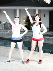 Hawt Latin Chick lesbo cuties Belle Noire & Lola Foxx undressing shorts & giving a kiss