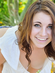 Marvelous brunette hair legal age teenager slams a vegetable in her butthole outdoors