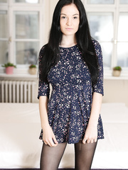 Black haired legal age teenager Beauty Princess toys her hairless muff after getting in nature's garb