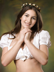 Sexy breasty brunette hair Karla S removes shirt to disclose firm great large mambos
