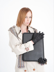 Natural redhead models in gloves and underware after removing top coat