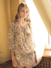 Cute golden-haired legal age teenager Nancy A slides off her floral costume to model undressed