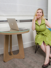 Blond dilettante Mim Turner releases her large natural scones as that babe removes costume