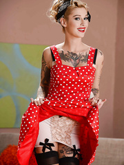 Inked pornstar Kleio Valentien disrobes off vintage pants for wonderful upskirt