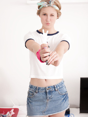 Legal Age Teenager solo gal Alisha makes her bare modeling debut in OTK bumble bee socks