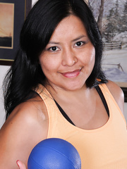 Chunky older brunette hair CiCi Jones exercising in nature's garb wearing socks