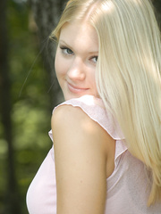 Delicious golden-haired legal age teenager Tiffany hikes petticoat over cotton pants in the forest