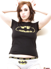 Solo model Louisa May releases large naturals from T-shirt in her underclothing