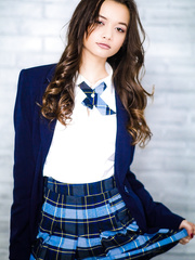 Small legal age teenager Alex De La Flor removes school uniform to pose exposed in tie and socks