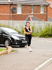 Hot Sofia pulls down her running panties to widen wazoo on the stairs in socks