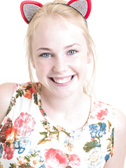 Cute legal age teenager gal with blond hair and mouse ears undresses to her socks and heels