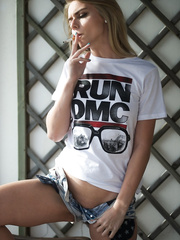 Small white cutie Chloe Toy has a beer and puff whilst showcasing her hairless cum-hole