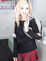 Youthful golden-haired beauty Lexi Lore acquires concupiscent over a large ramrod after being bare