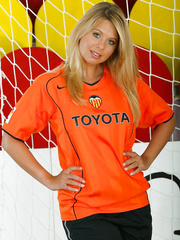 Breasty blond Katerina Hovorkova shows her hairless fur pie whilst tending goal