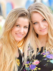 two lesbian babes in short summer dresses flash no panty upskirts in public places