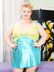 SSBBW Velma Voodoo removes satin underware in advance of being caressed and dildoed