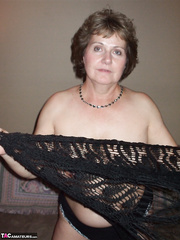 Erotic aged wife Breasty Bliss shes lace shawl to widen topless in hawt belt