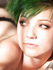 Solo cutie Meekus wears her green hair short whilst modeling fleshly underware