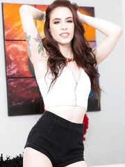 White gal with tattoos Anna DeVille sports a mouthful of spunk after fucking