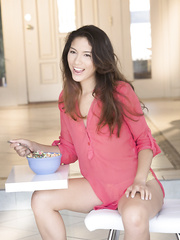 Oriental legal age teenager Melody Wylde shows off her melons and fur pie after having her breakfast