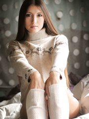 Marvelous legal age teenager Saju A showing off her exposed hard body wearing knee socks