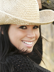 Black haired 1st timer Destiny Moody undresses to just her straw hat in nature