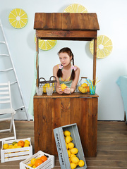 Youthful redhead Kim disrobes exposed at her lemonade stand to drum up business