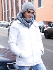 Cute legal age teenager Penelope B sheds lacy underclothing to flash miniature meatballs & curly cum-hole