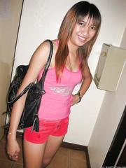 Nasty oriental playgirl in red shorts stripping and getting her love tunnel screwed