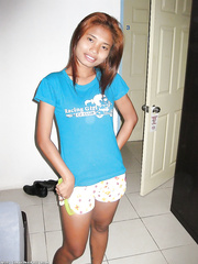 Lascivious oriental legal age teenager hottie taking a shower and getting her bald bawdy cleft screwed