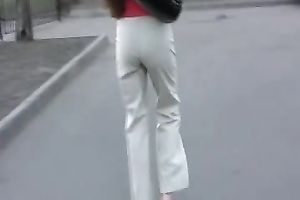 Russian white lady Olga in the park urinates in her white panties