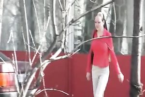 Russian white lady Olga in the park urinates in her white panties