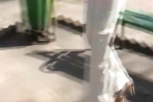 Russian white lady Olga in the park urinates in her white panties