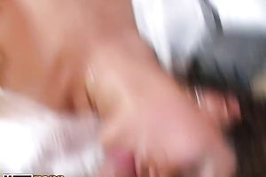 Curly-haired brunette hair cutie enjoys astonishing Male+Male+Female sex