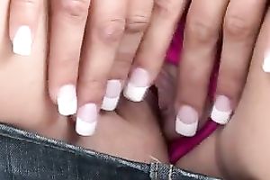 Lusty blond girl shows her pants below miniskirt and opens her wet crack