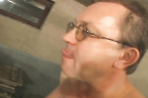 Olga shows her skinny body to a fellow and licks his nipps