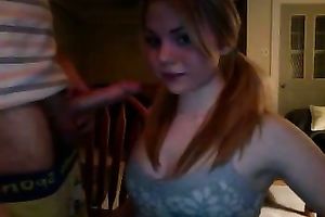 Pigtailed cutie sucks my swollen shlong with unrestrained excitement