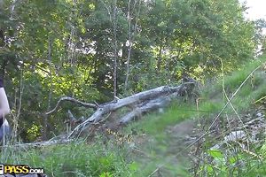 Slutty dilettante playgirl favours a man with a cook jerking in the forest