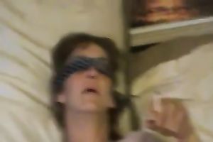 Blindfolded aged horny white wife smokes during the time that I film her in sofa