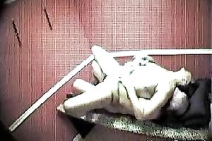 A security webcam movie scene of a sexy brunette hair masseuse riding a shlong