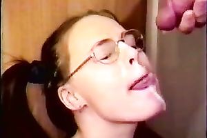 My GF wearing glasses sucks my wang and receives facialed