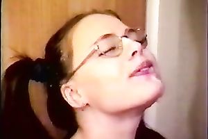 My GF wearing glasses sucks my wang and receives facialed