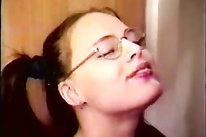 My GF wearing glasses sucks my wang and receives facialed