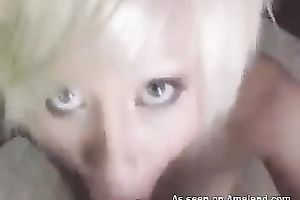 Sweet golden-haired cheating wife with petite boobs sucks hard weenie and rubs her muff