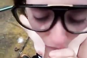 Nerdy girl is engulfing on my rod with all the excitement this babe has