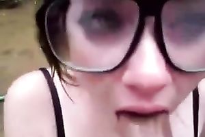 Nerdy girl is engulfing on my rod with all the excitement this babe has