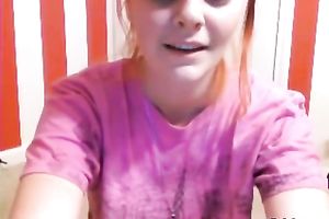 Blue eyed redhead in knee socks can't live without masturbating in her bedroom