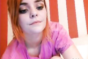 Blue eyed redhead in knee socks can't live without masturbating in her bedroom